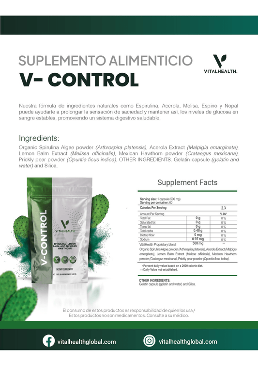 Información del suplemento V-Control con ingredientes naturales y beneficios para salud