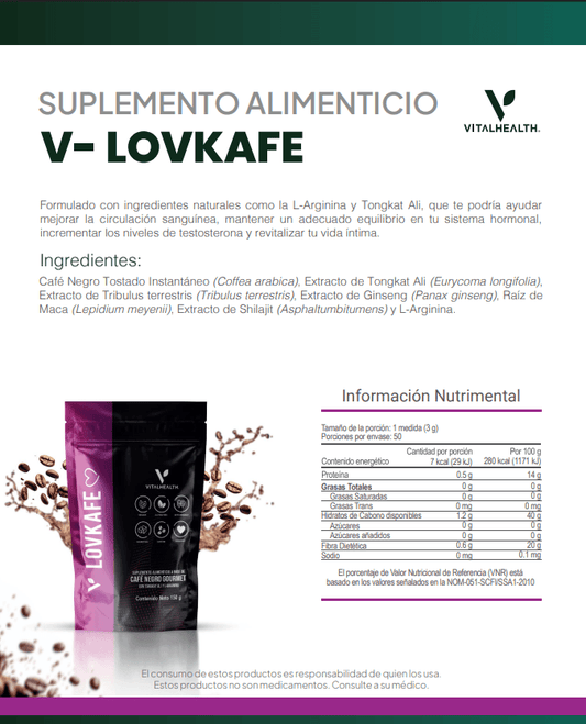 Información nutricional y beneficios de V-Lovkafe con ingredientes naturales - VitalHealth