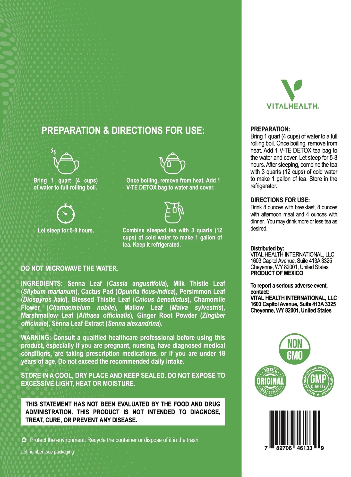 Instrucciones para preparar té detox VitalHealth en envase ecológico