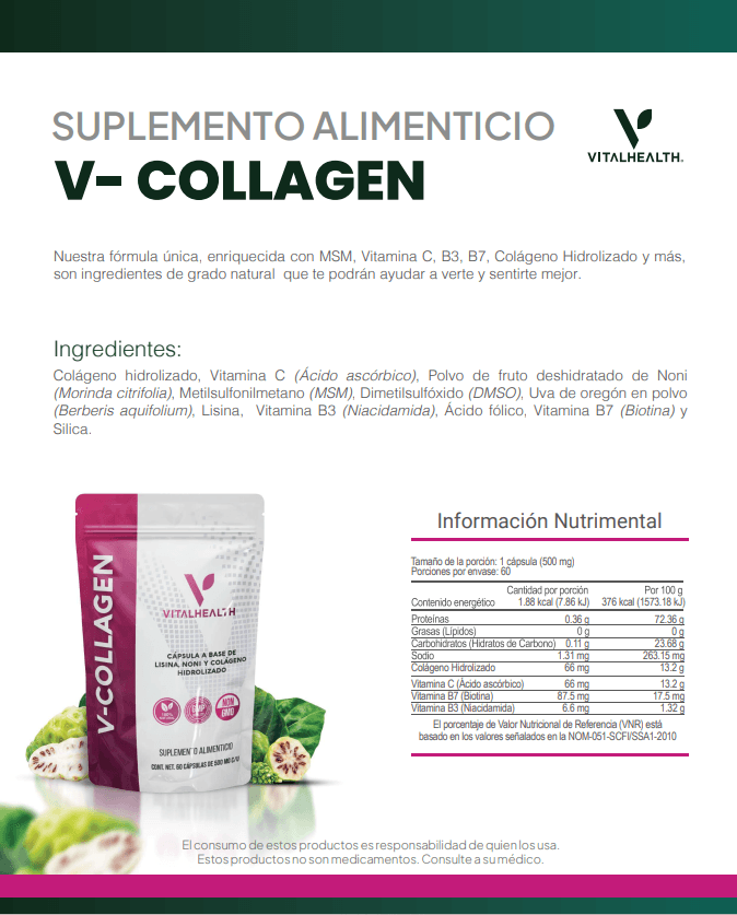 Suplemento V-COLLAGEN en empaque con ingredientes naturales