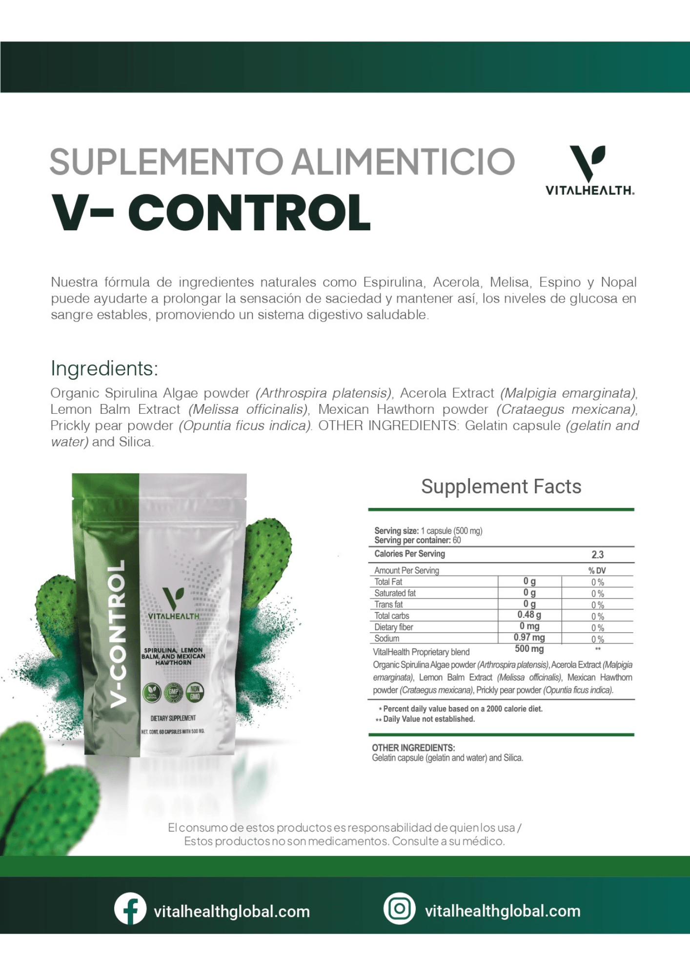 Información del suplemento V-Control con ingredientes naturales y beneficios para salud