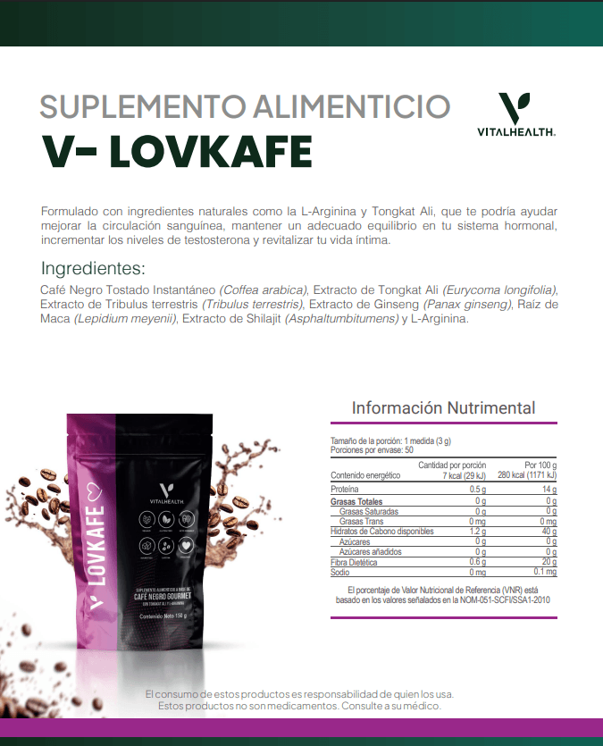 Información nutricional y beneficios de V-Lovkafe con ingredientes naturales - VitalHealth