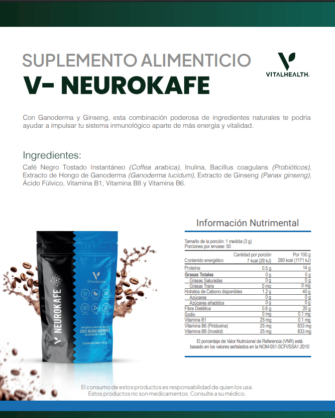 Ficha técnica V-Neurokafe – Composición y propiedades café adaptogénico con ganoderma | VitalHealth
