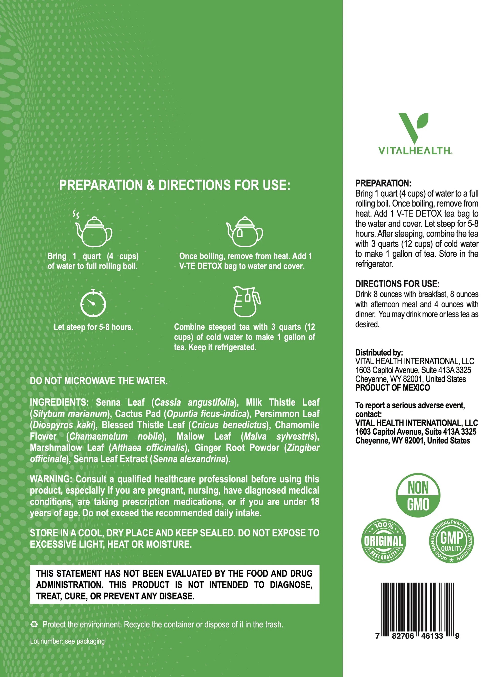 Instrucciones para preparar té detox VitalHealth en envase ecológico